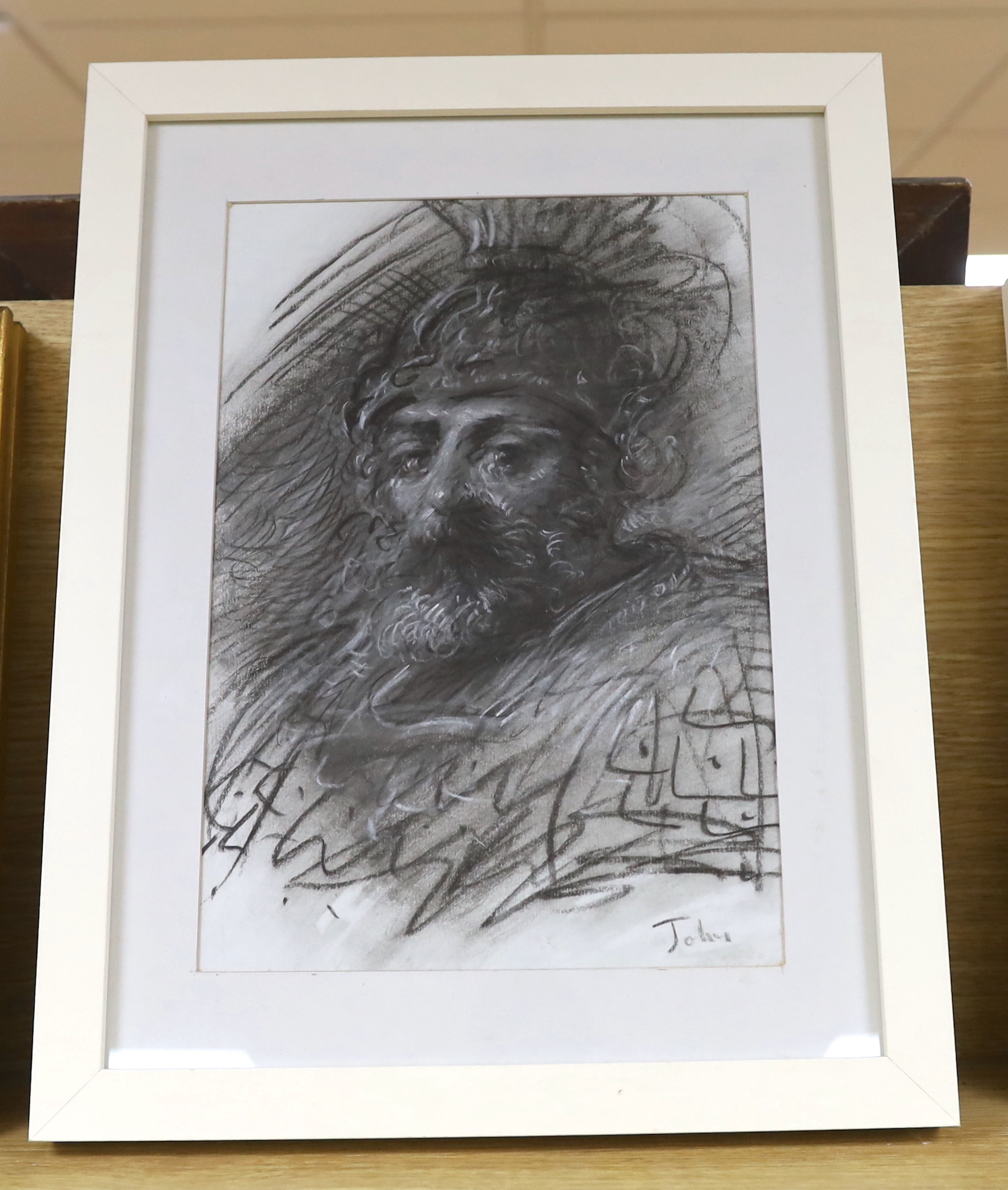 Circle of Augustus John RA (Welsh, 1878-1961), heightened charcoal, Classical bearded warrior, bears signature, 32 x 21cm